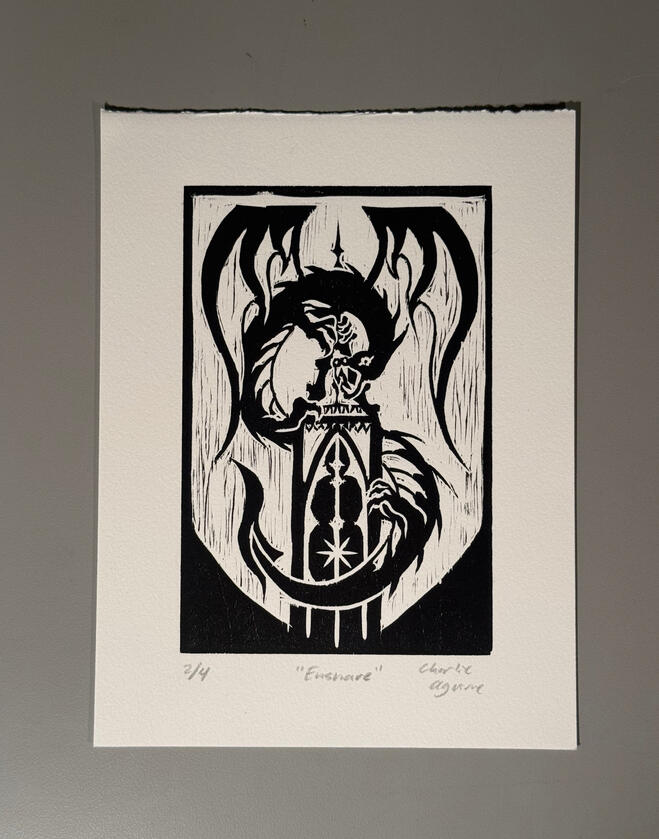Ensnare, Wood Block Carving Print, Black Ink on Paper, 2025