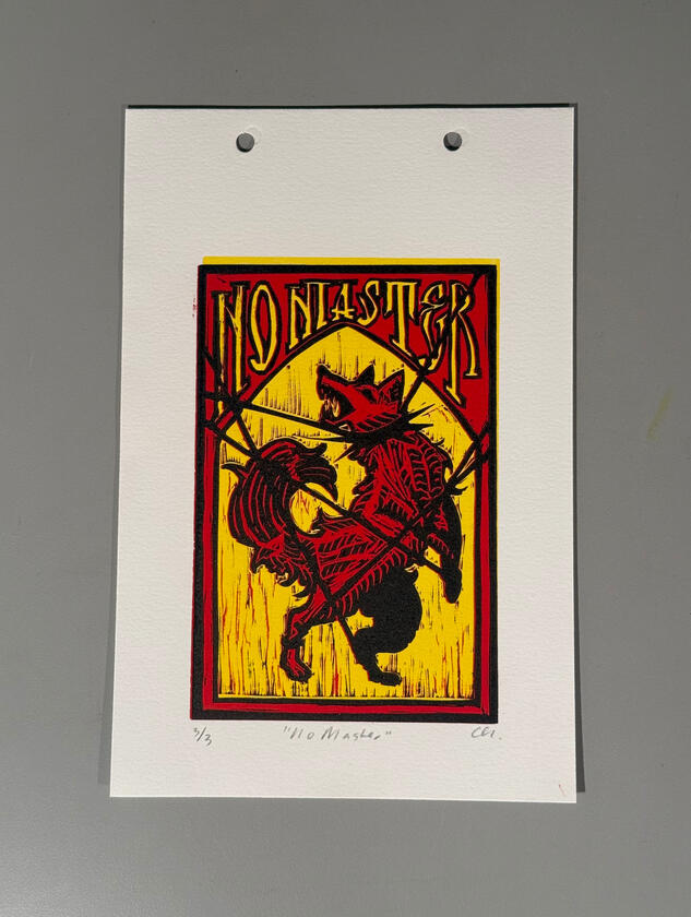 No Master, Linoleum Carving Print, Red and Yellow Ink on Paper, 2025