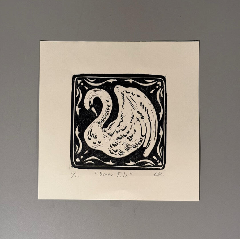 Swan Tile, Linoleum Carving Print, Black Ink on Paper, 2025