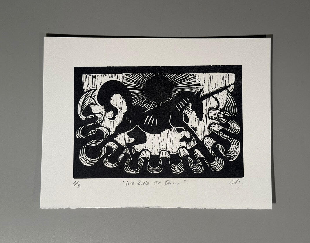We Ride At Dawn, Wood Block Carving Print, Black Ink on Paper, 2025