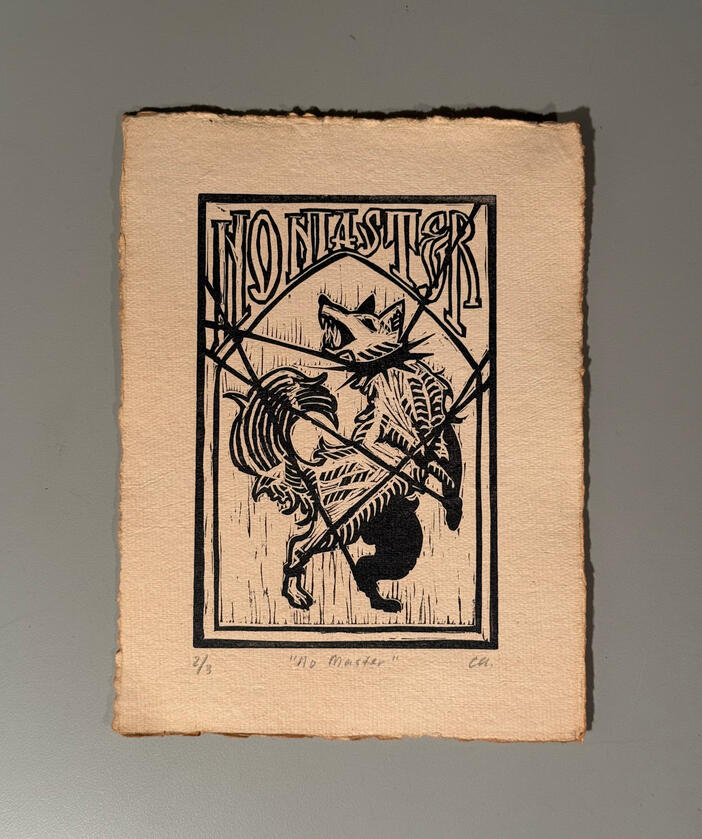 No Master, Linoleum Carving Print, Black Ink on Paper, 2025